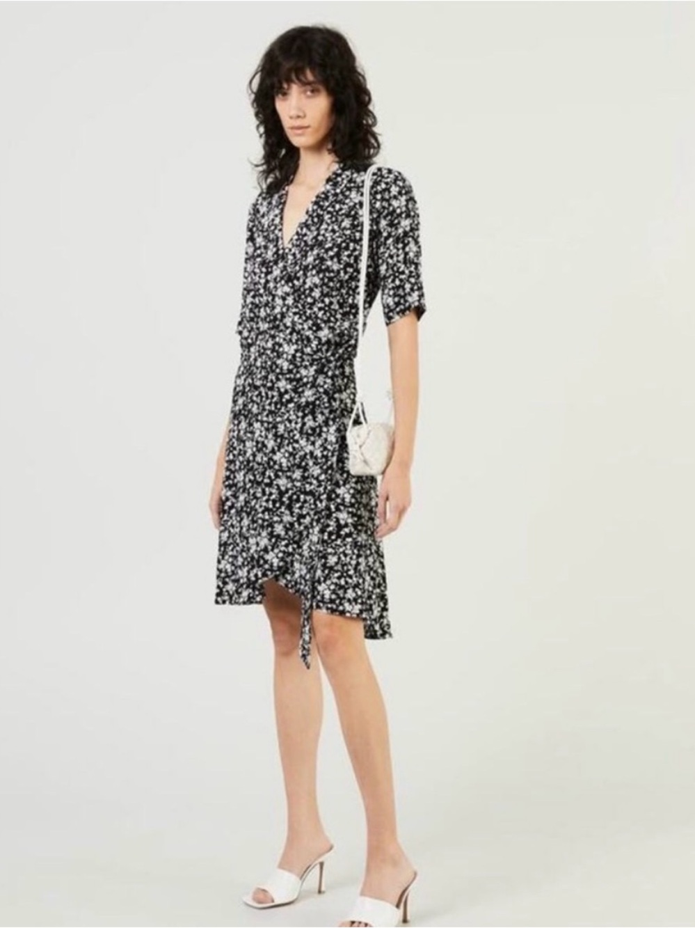 Ganni Printed Crepe Wrap Dress Floral Print Mini Short Sleeve Black White 38/M